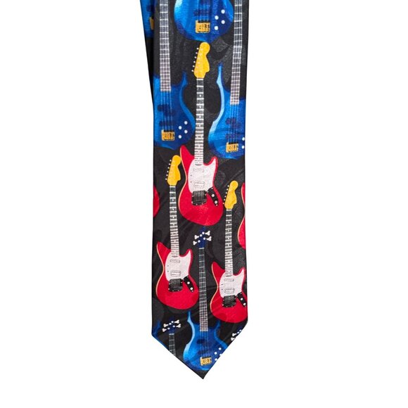 Steven Harris Handmade Guitar Print Necktie Rock Music Theme Polyester Black Red - Picture 2 of 3